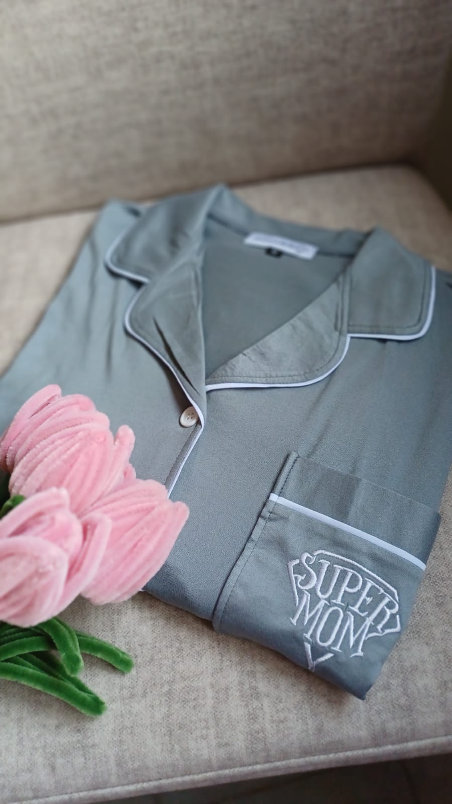 "SUPER MOM" Grey Cotton PJ