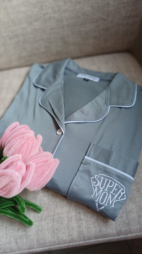 "SUPER MOM" Grey Cotton PJ