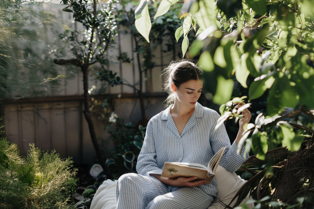 Model in Blue Striped Linen Set