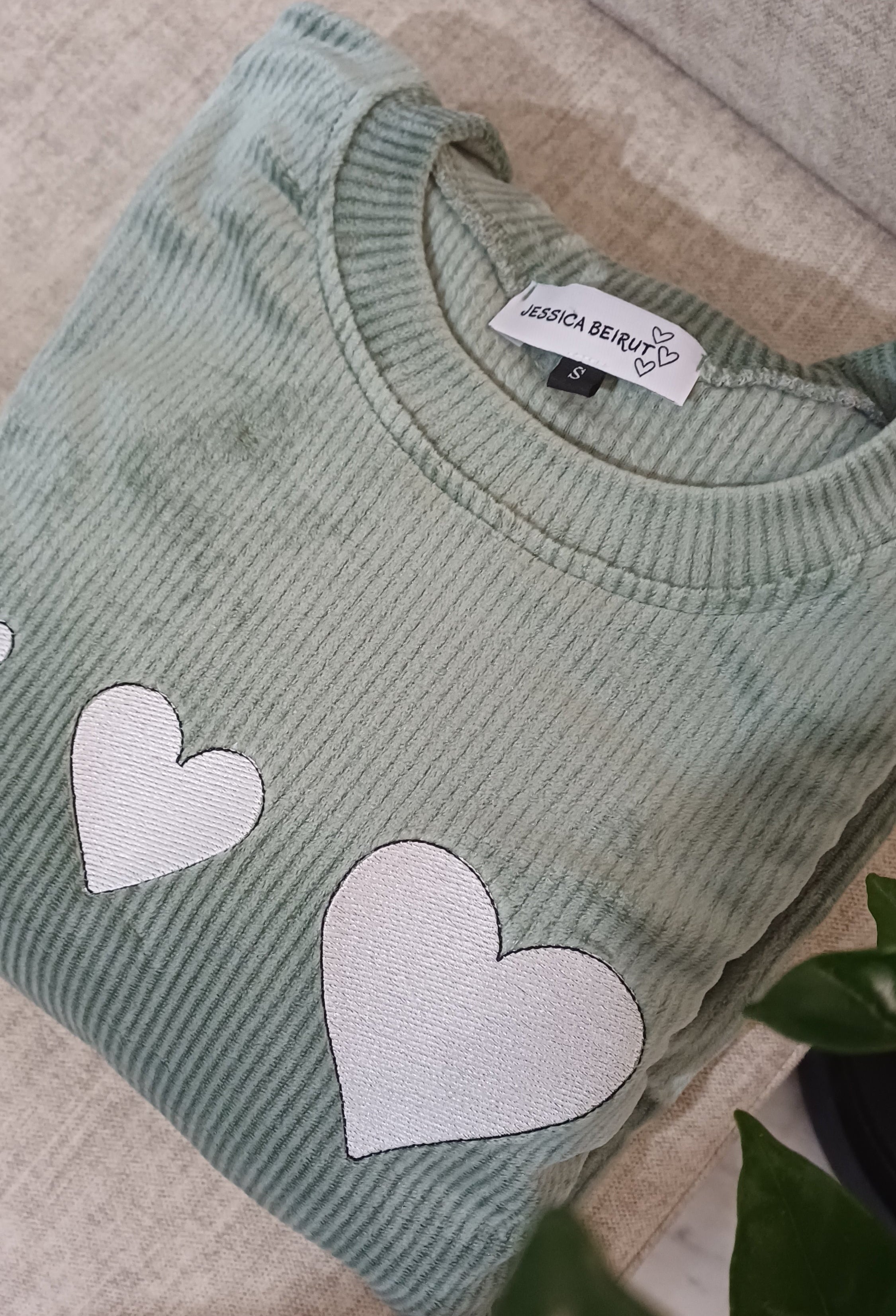 Sage Green Ribbed Velvet Heart Pajama Set
