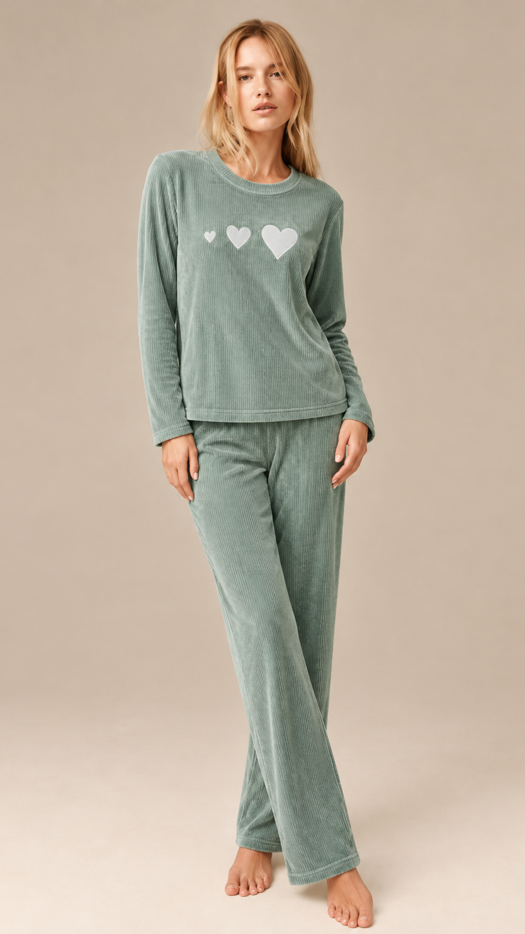 Sage Green Ribbed Velvet Heart Pajama Set
