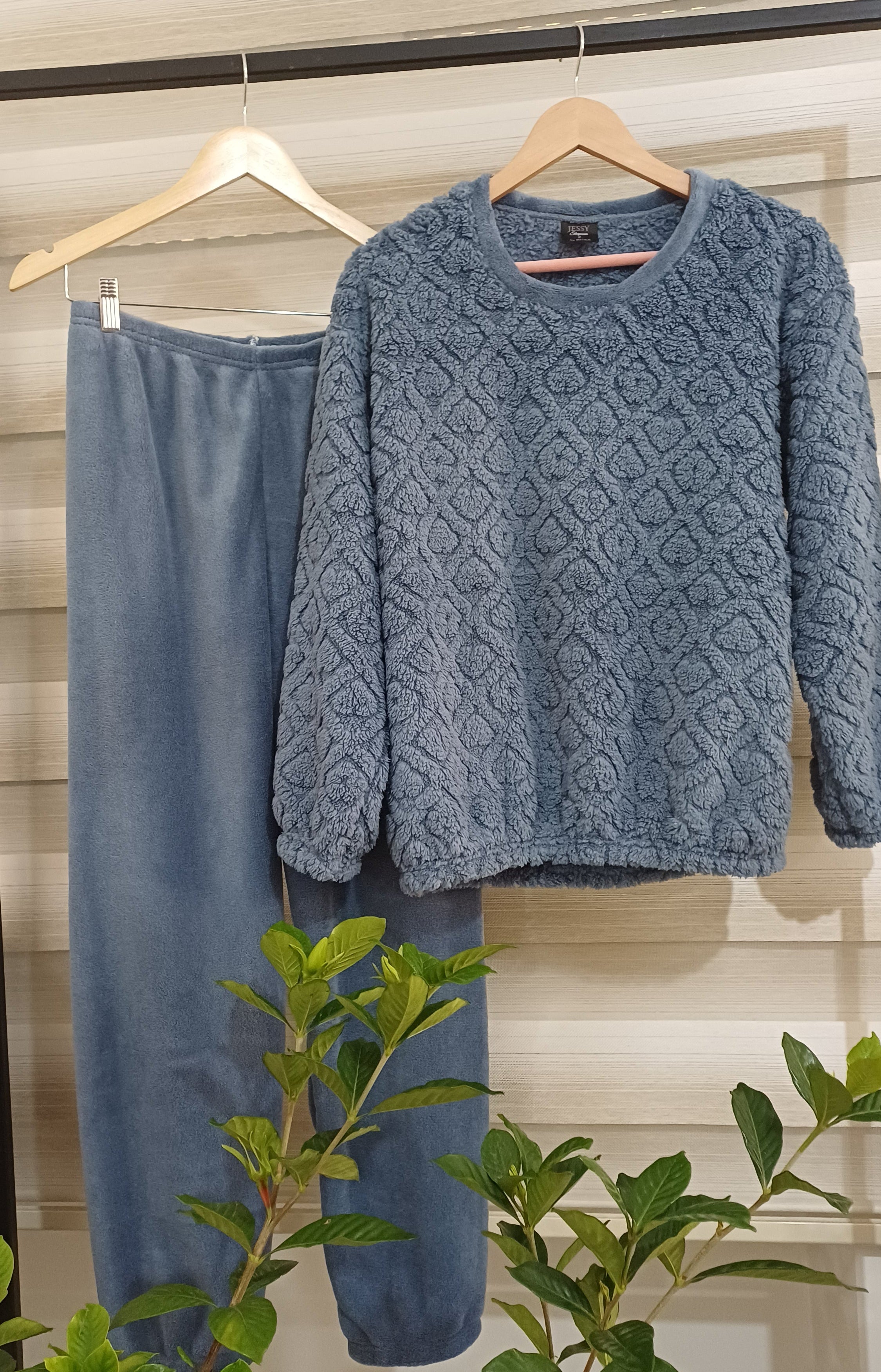 Cozy Quilted Fleece Loungewear Set in Dusty Blue