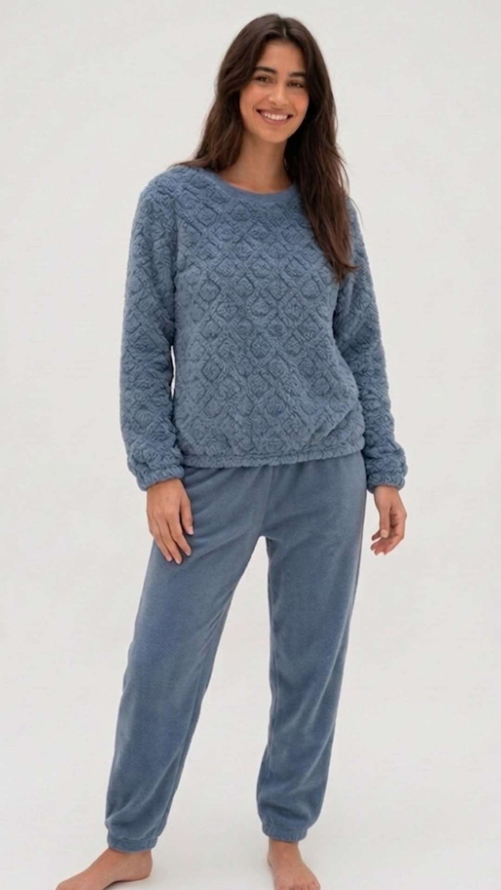 Cozy Quilted Fleece Loungewear Set in Dusty Blue